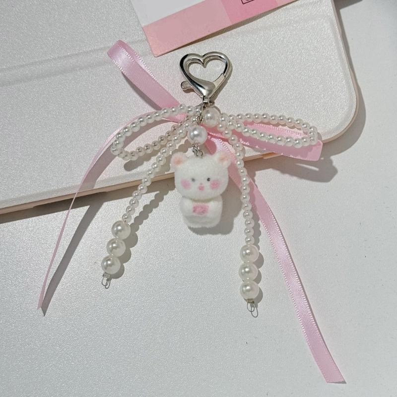 Flocking Bear Keychain With Pearls Ribbon Bowknot Charm Practical Key Holder Bacpack Accessory For Women Girls