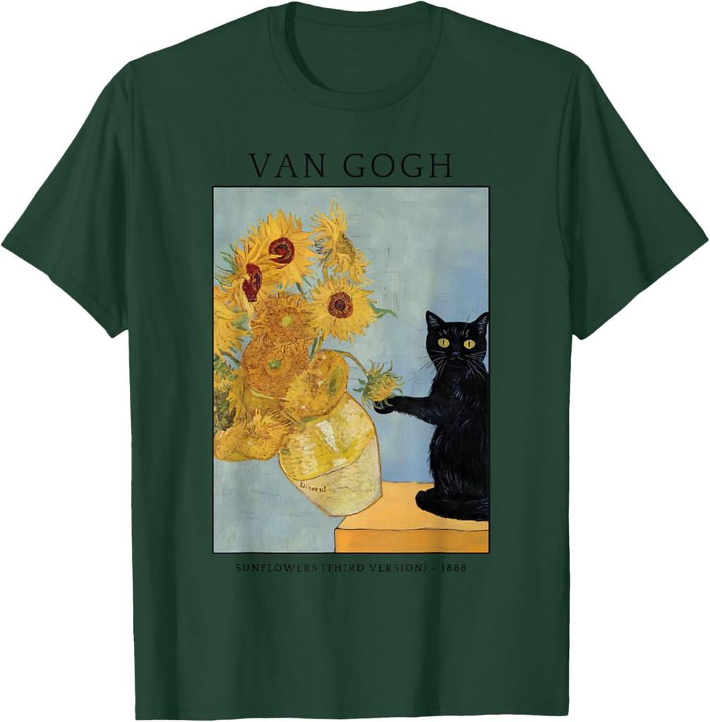 Černá kočka Van Gogh Slunečnice Umělecká parodie Grafické tričko Měkká bavlna Ležérní tričko s kulatým výstřihem