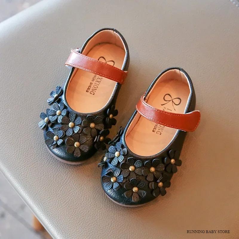 Spring New Little Girls Leather Shoes Baby Girl Flower Mary Janes Shoes Soft Sole Kids Girl Fashion Princess Shoes I07053