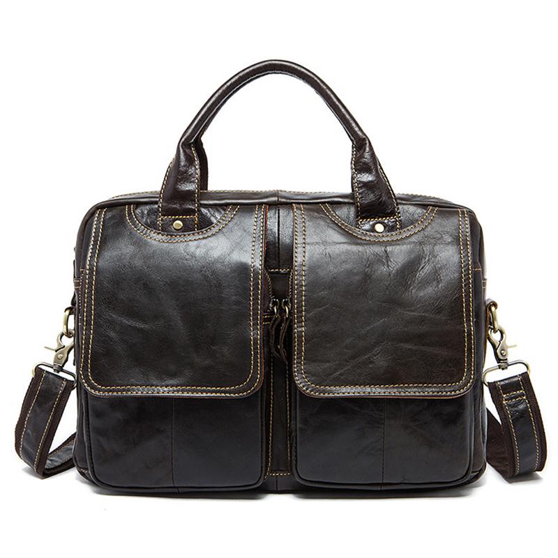 Fashion European and American Retro Style Men's Shoulder Bag Top-Grain Leather Business Briefcase Multi-Pocket Genuine Leather Men's Crossbody Bag