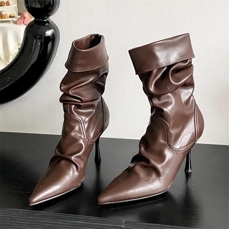 Autumn Design Pleated Women Ankle Boots Sexy Thin High Heels Pointed Toe Shoes Modern Short Botas Para Mujer