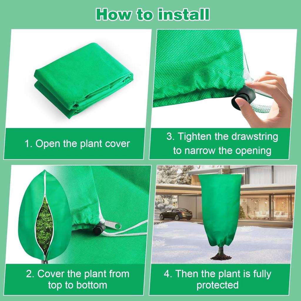 4 Pack Plant Covers Freeze Protection, 31.5" x 47.3" Large Frost Cloths Blankets with Zipper Drawstring, Shrub Jackets Tree Covers for Winter Outdoor