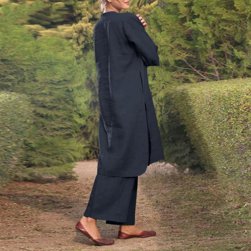Women 2 Piece Outfit Solid Color Linen Set 3/4 Sleeve Loose Tunic Top Wide Leg Pants Casual Suit