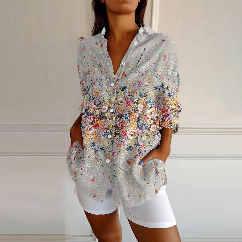 Womens Button Down Shirts Cotton Linen Long Sleeve Dress Shirts Casual Summer Tops Work Blouses