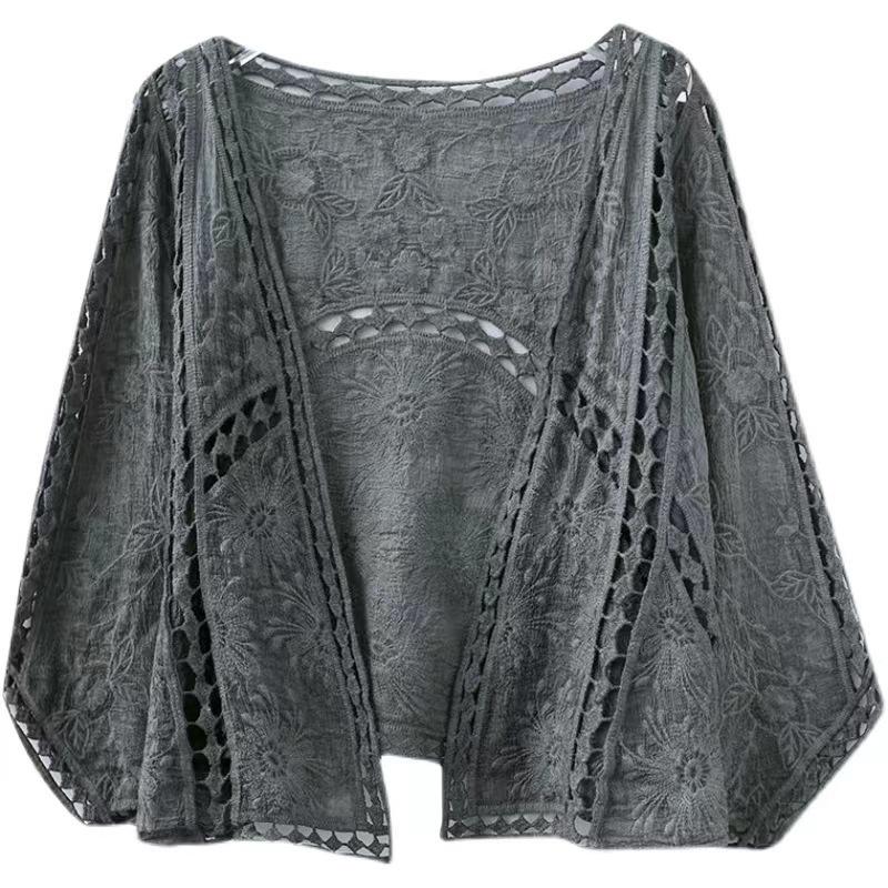 Korean-Style Women's Hollow Lace Batwing Sleeve Cotton Cardigan - Summer Retro Long Sleeve Top