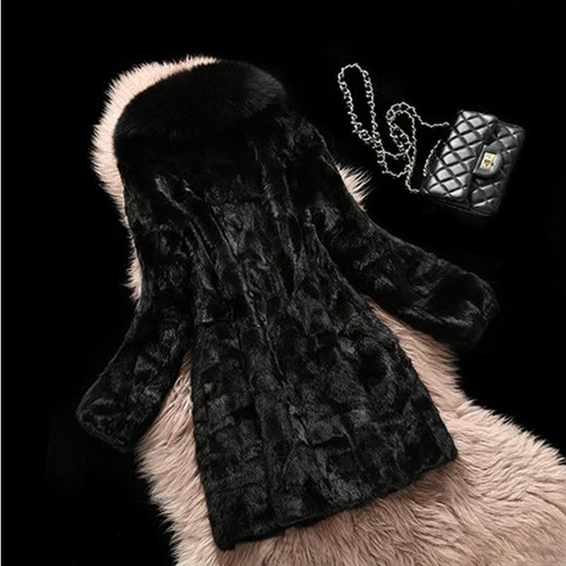 

Зимнее новое пальто из искусственной норки, женское пальто из меха норки, длинное, из меха норки, специальный воротник из лисьего меха S чёрный