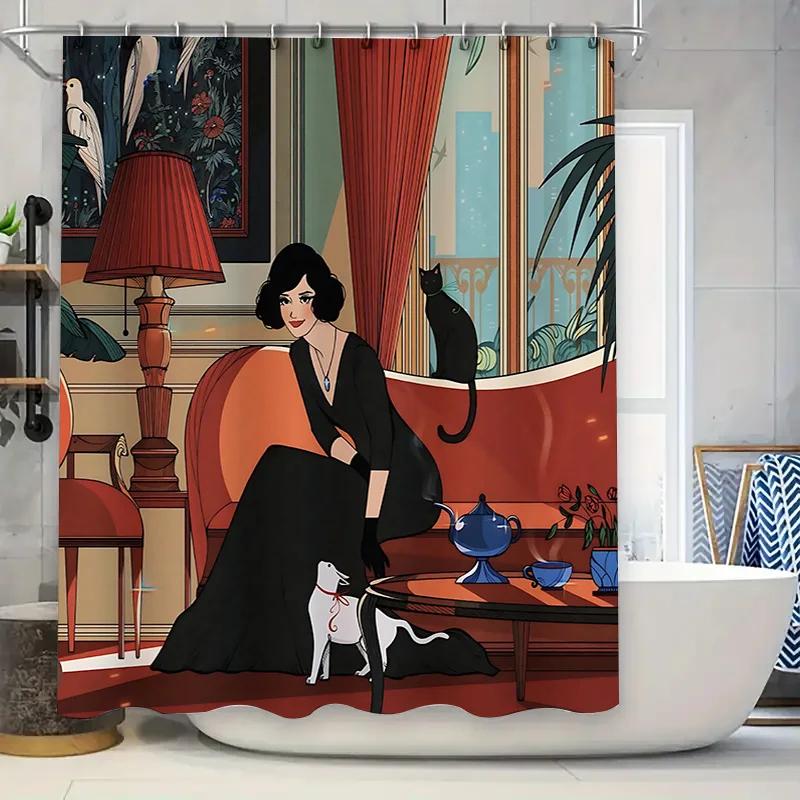 

Elegant Woman And Cats Shower Curtain - Vintage Art Style Waterproof Bath Mat For Home Decoration Easy To Install And Maintain W60H190(CM)-1 Pcs