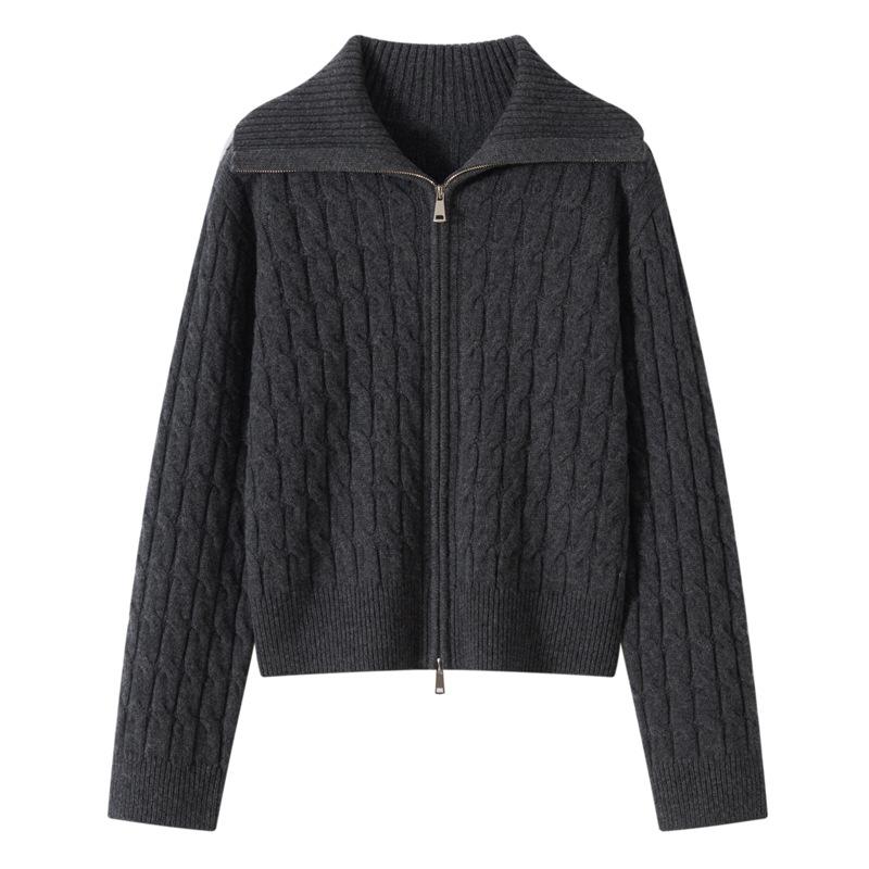 Autumn And Winter New Lapel Double Zipper Casual Knitted Cardigan Top Women'S Retro Twist Loose Lazy Sweater Jacket