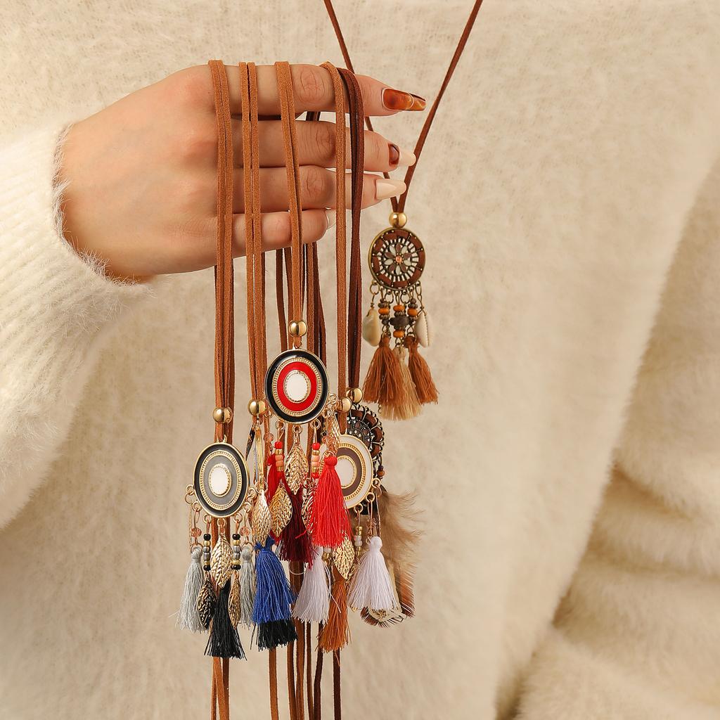 Retro Coffee Bohemian Necklace For Women Ethnic Style Fringed Pendant Long Sweater Chain High-End Fashion Jewelry