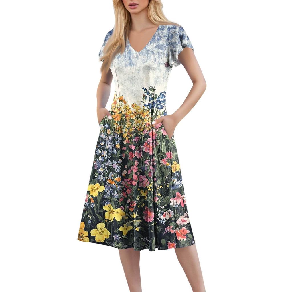 Women's Loose Casual And Fashionable V-Neck Short Sleeved Print Mid Length Dress