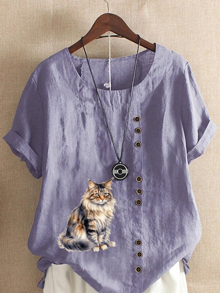 Women's Fashion Cat Print Round Neck Short Sleeve T-shirt Summer Casual Cotton Linen Graphic Shirt Leisure Loose Blouse Tops