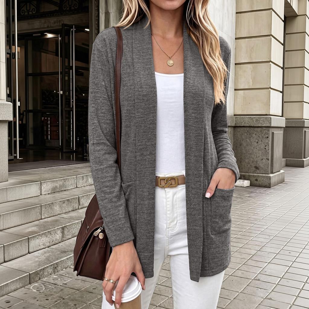 Women's Casual Long Sleeve Open Front Cardigan Knit Sweater with Pockets Lightweight Soft Comfortable Layering Top