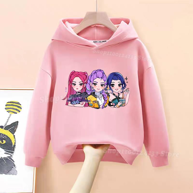 Demone Hunter Girl's Pink Hooded Streetwear Autumn Cute Anime Baby Pullover Kids Y2K Kawaii Long Sleeved T-shirt Casual Clothes