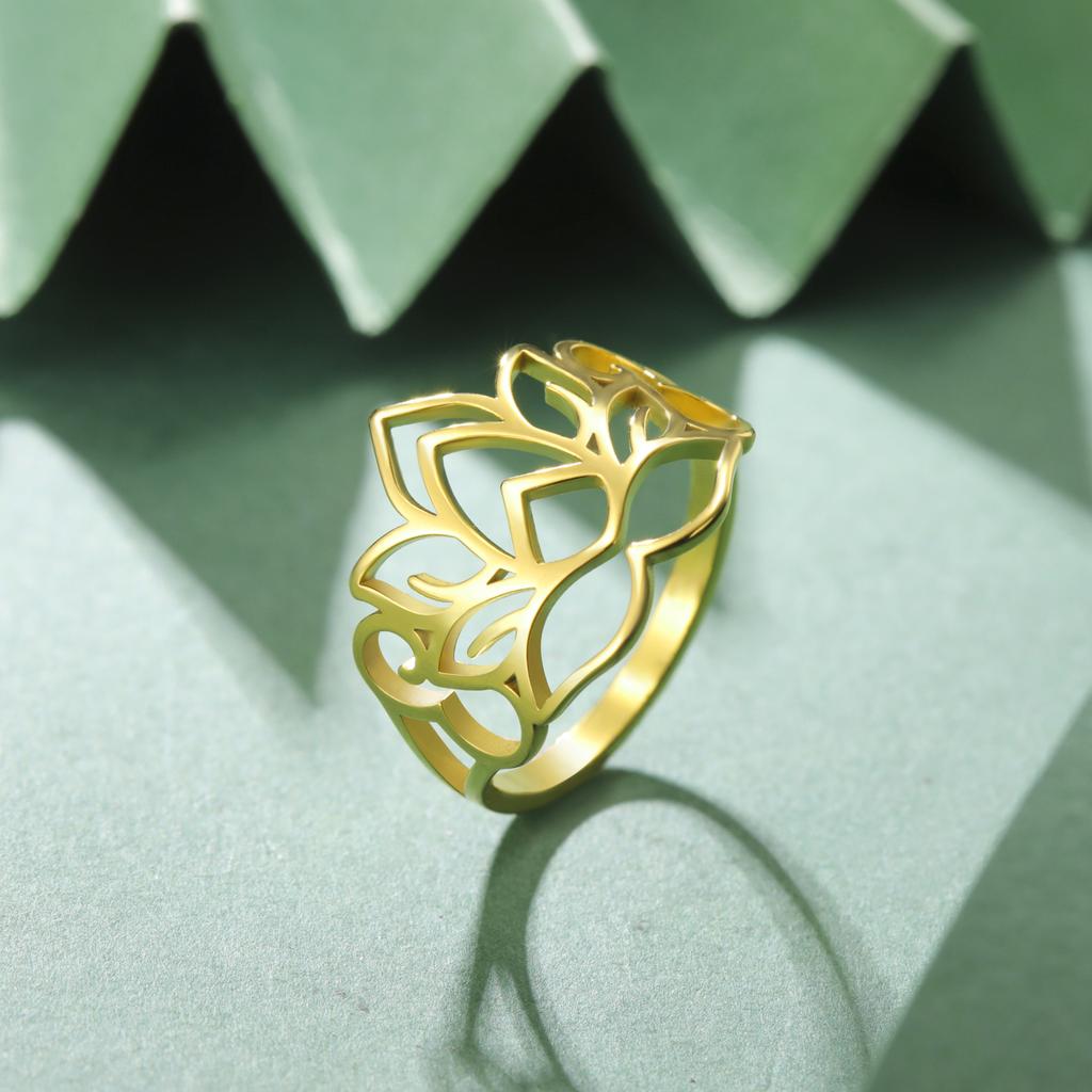 LIKGREAT Lotus Flower Ring Minimalist Lotus Rings Stainless Steel Jewelry Buddhism  Spiritual  Protection Amulet For Women Gift