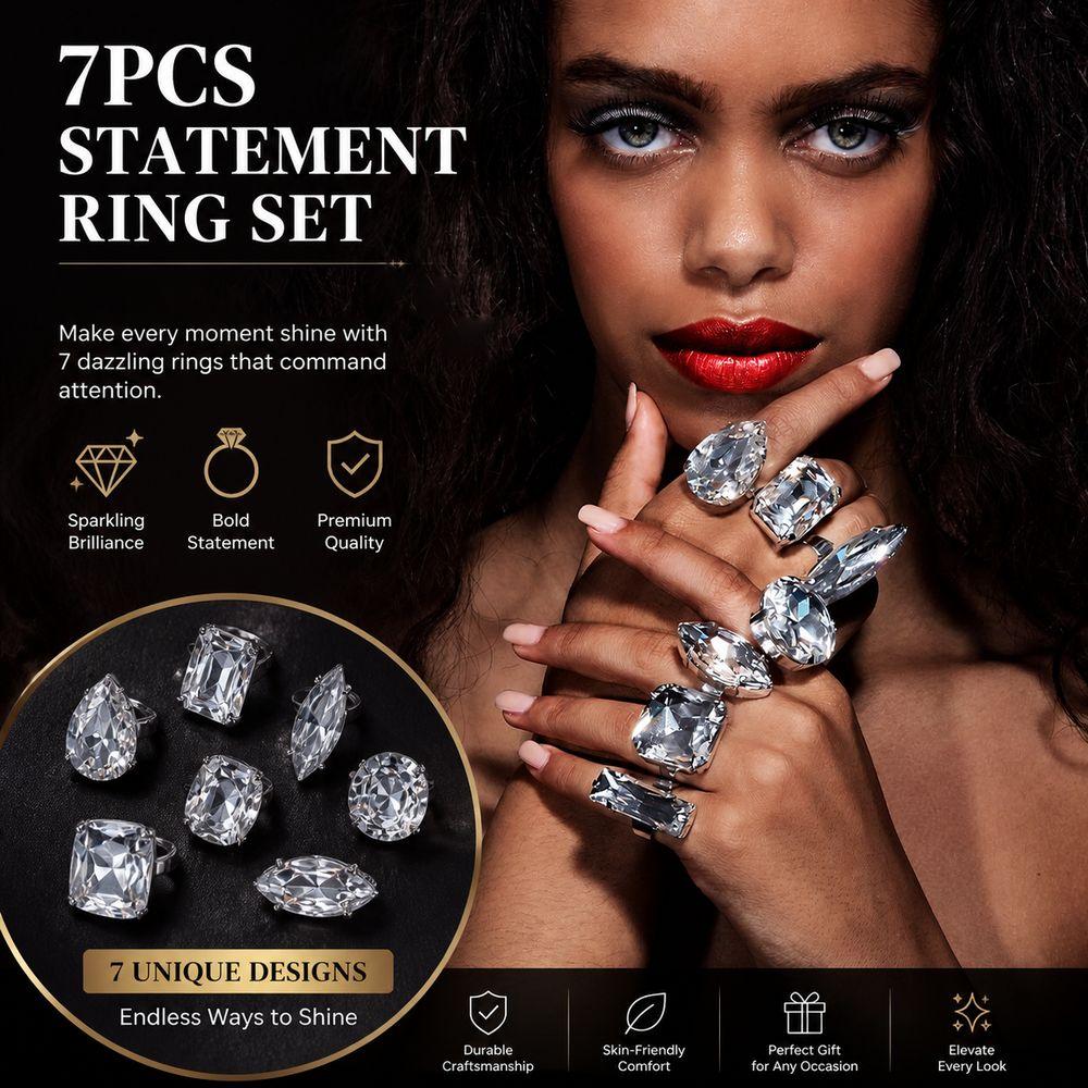 7PCS Rhinestone Crystal Square Rhinestone Ring Large Size Large Crystal Ring