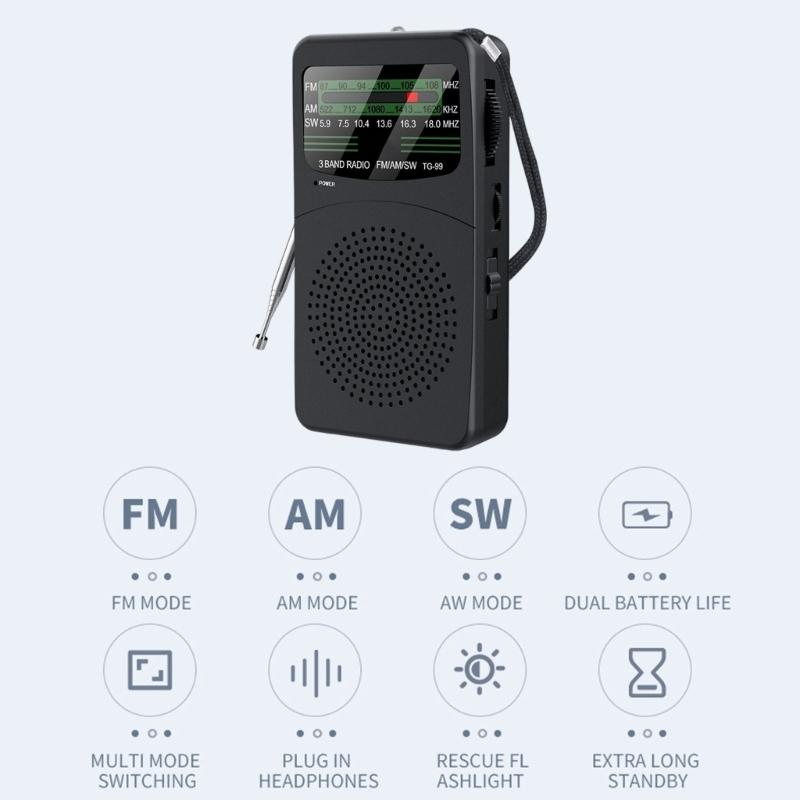 Pocket Sized Radio FM AM SW Reception LED Flashlights Headphone 3.5mm Plugs Ideal for Camping Hiking Daily Activity