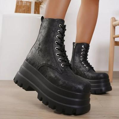 Nya Höst Plattform Ankelboots Höga Klackar Dam Tjock Sula Vinter Läder Halkfria Punk Skor Klumpiga Motorcykel Boots Dam