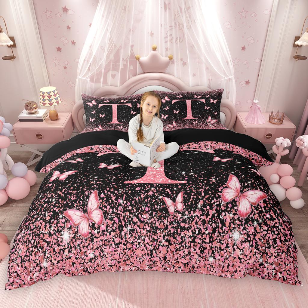 Homewish Initial Monogrammed Duvet Cover Set Black Pink Comforter Cover Set For Girls Butterfly Glitter Print Bed Set