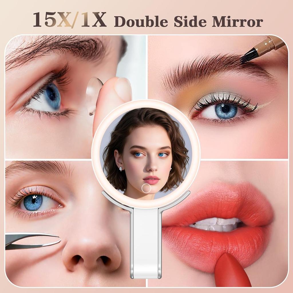 Travel Makeup Mirror with 3 Color Lights, 15X/1X Double Sided Lighted Magnifying Mirror, Portable Handheld Mirror, 3 in 1 Tabletop/Handheld/Hanging,