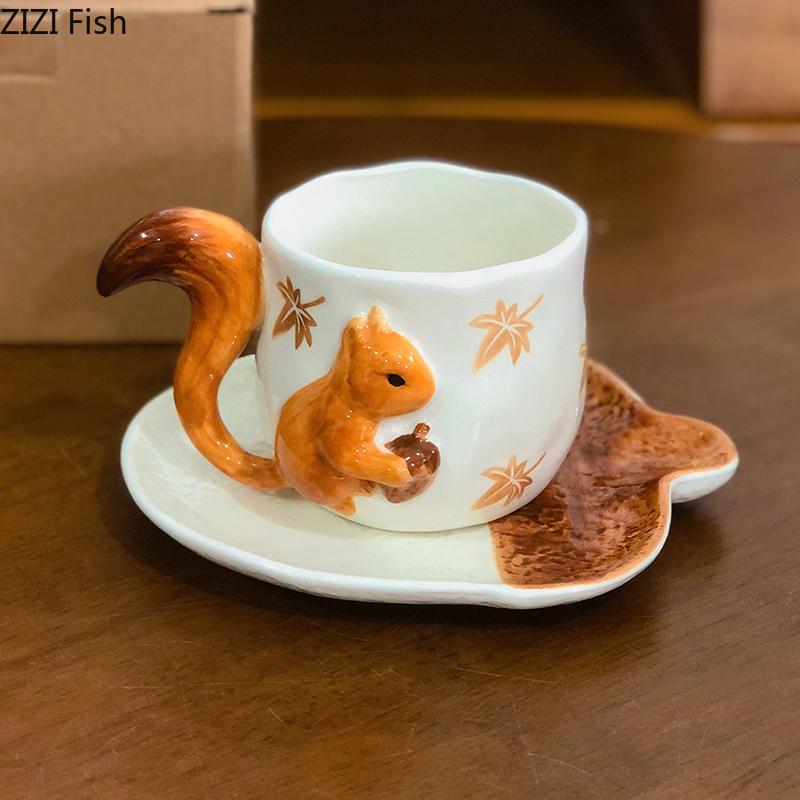 Squirrel Maple Leaf Relief Porcelain Cup&saucer Coffee Mug Dining Table Flower Mugs Afternoon Tea Teacup Fruits Juice Cup