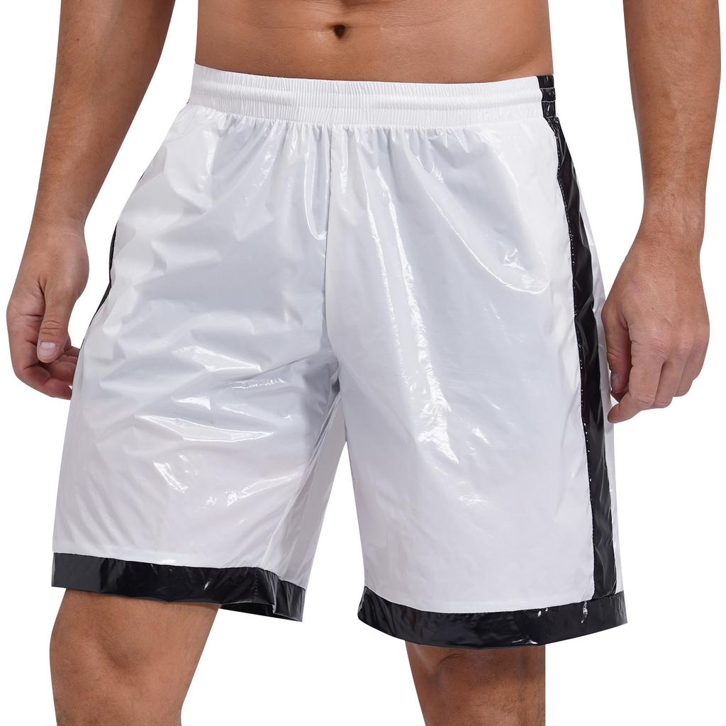 Mens Wet Look Boxer Shorts Drawstring Elastic Waist Pockets Waterproof Beach Shorts Swimming Trunks Loose Fit Short Pants Club