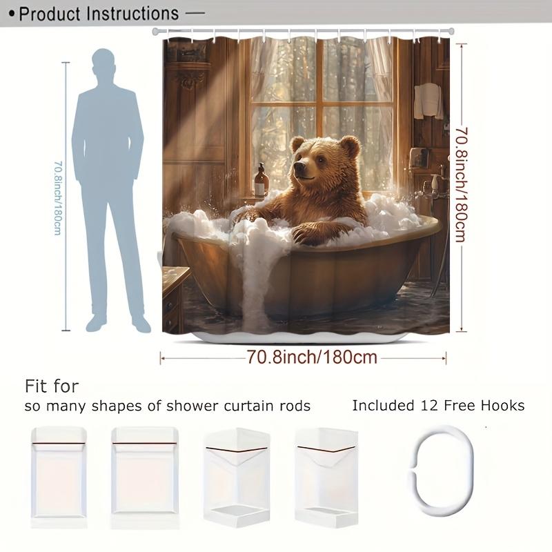 1Pc Bear Shower Curtain - Funny Brown Bear Bathing, Rustic Wood Grain, Country Cartoon Design, Modern Bathroom Decor