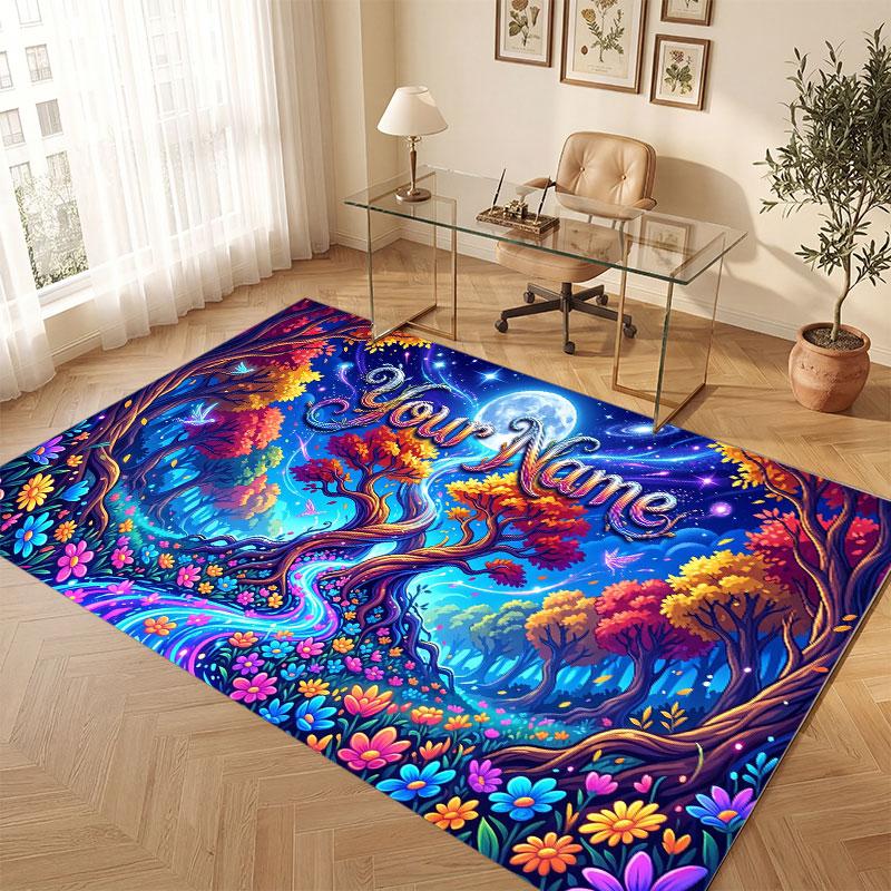 Mushroom Forest Theme Crystal Velvet Floor Rug Personalized Custom Name Text Warm Carpet Home Decoration