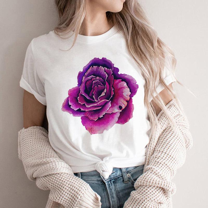 Women Tshirt Cartoon Purple Flower Floral 2025 Summer Spring T Shirt Female Clothes Graphic 90S Aesthetic Kawaii Tee Tops Lady