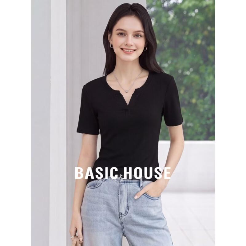 Basic House Women s Slim Fit V-Neck Short Sleeve T-Shirt L