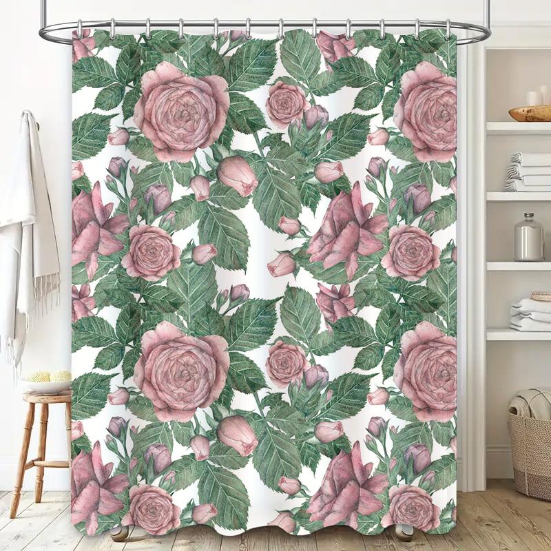 Elegant Green Leaves Rose Print Shower Curtain Waterproof Bathroom Decoration Home Decor Pink 72X84 Inch