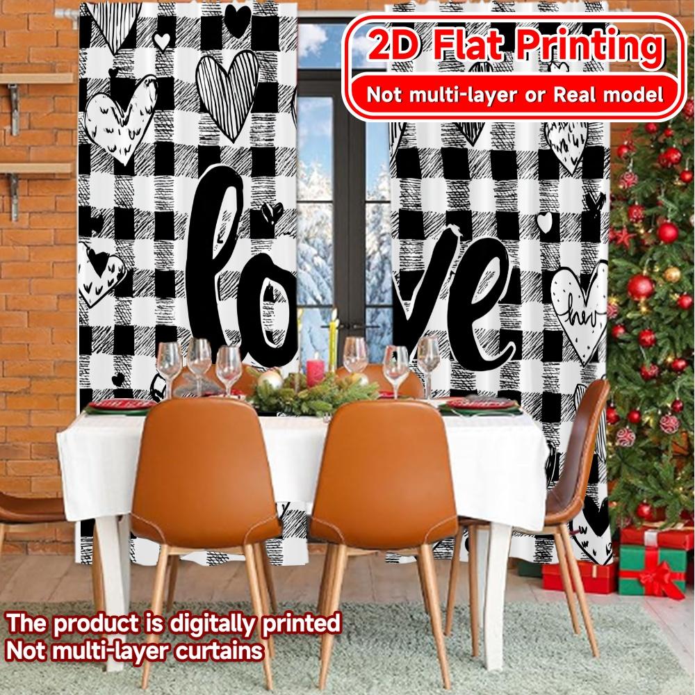Set Of 2 Flat Printing Love Checkered Popular Curtains Drapes Versatile Fabric Thermal Insulation Curtain Blackout Polyester