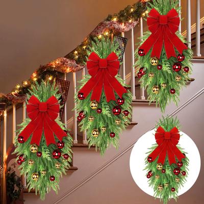 1/2Pcs Christmas Teardrop Swag Wreath with Norfolk Pine Greenery Stairway Swag Red