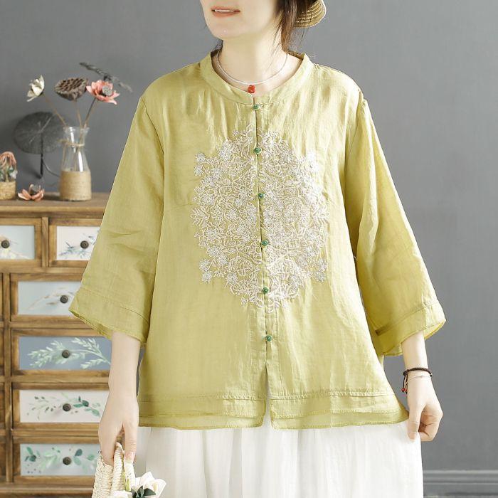 New half-sleeved shirt top heavy industry embroidery chic short-sleeved cardigan stand-up collar ethnic style