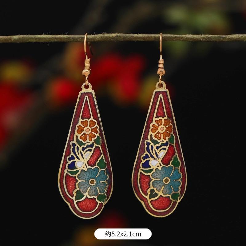 Chinese retro cloisonne enamel earrings female classical temperament simple flower earrings niche design earrings