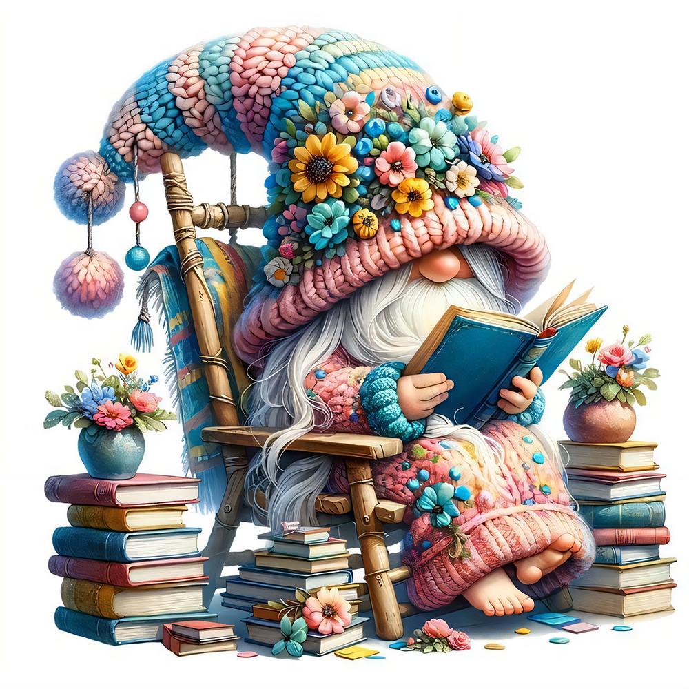 5D Diamond Painting Cute Gnome Reading Book Diamond Art DIY Craft Kits for Home Wall Decor Floral Hat Gnome Embroidery Pictures