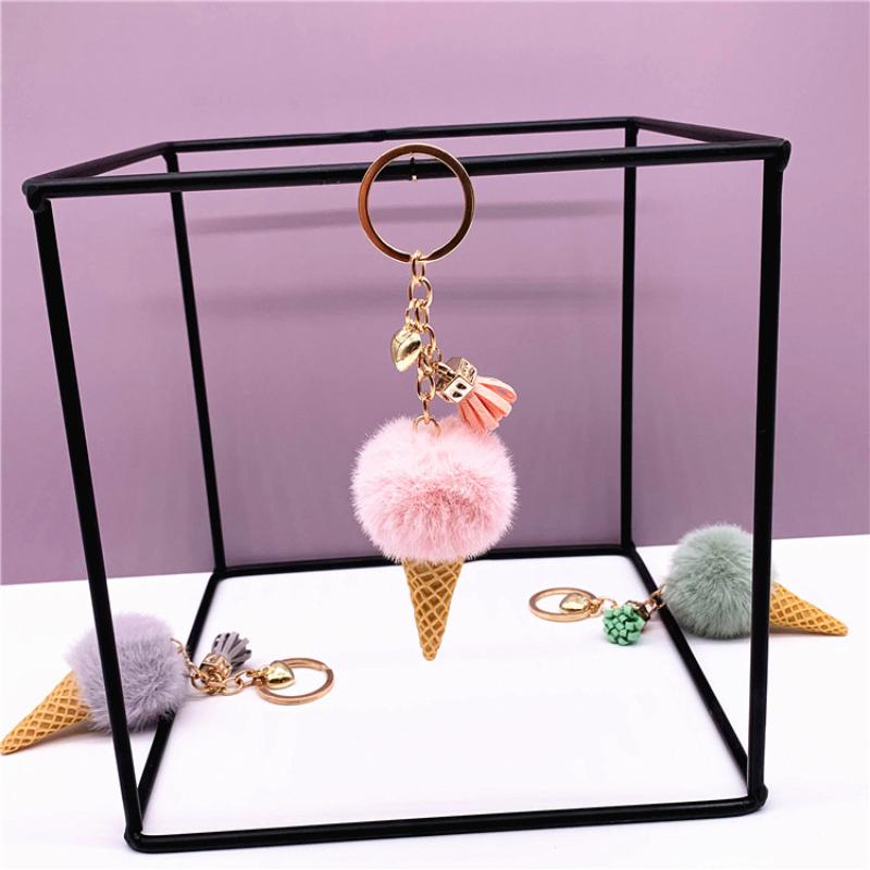 1Pcs Plush Pompom Pendant Keyring Holder New Ice Cream Keychains For Women Men Charm Bag Decoration Jewelry Gifts