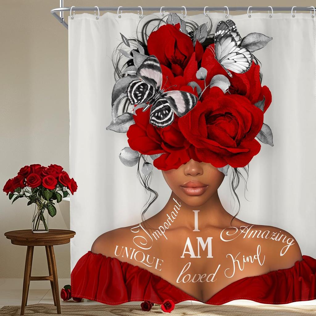 MESHELLY Black Girl Shower Curtain - Gray & Pink Peony, Motivational Quotes, Butterfly Design, Bath Decor