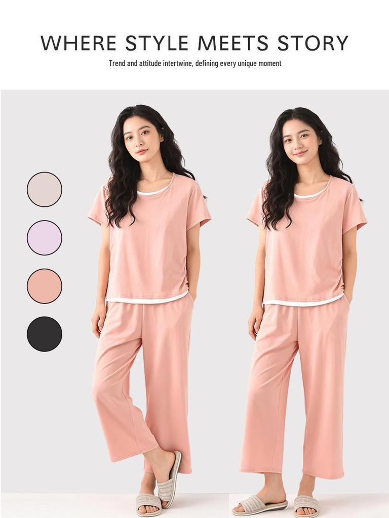 2026 Ultra-Soft Women's Summer Pajamas with Built-in Bra Pads, Short Sleeve & Long Pants, Fake Two-Piece Design