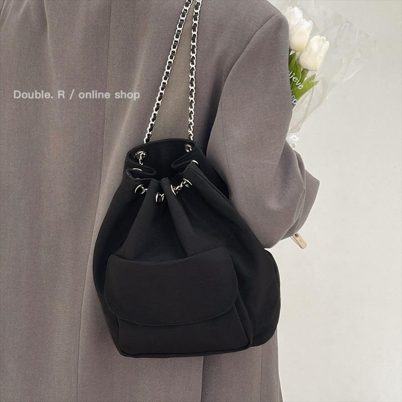 

casual silk cloth black chain bucket bag drawstring large capacity commuter double shoulder women s backpack retro style