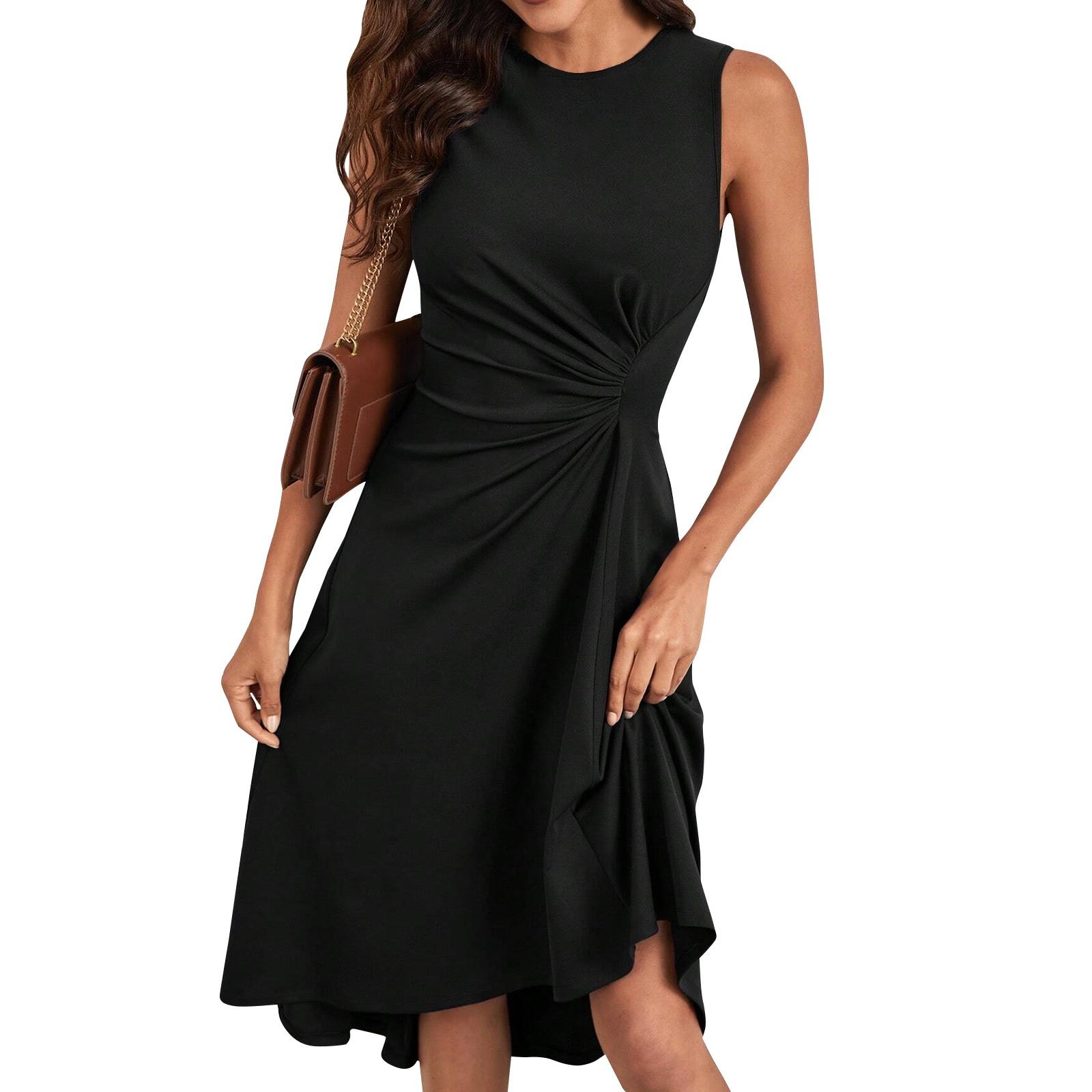 Новое летнее модное однотонное платье трапециевидной формы без рукавов с морщинами L чёрный