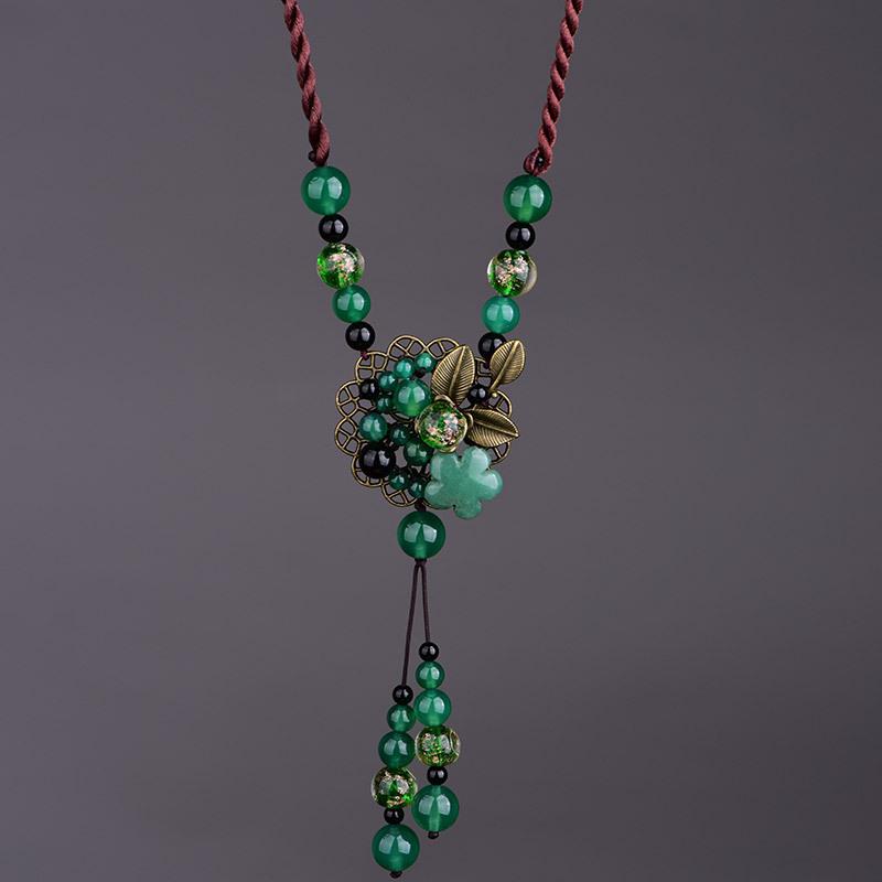 GEMCHIC Women s Vintage Ethnic Green Aventurine Agate Sweater Necklace with Alloy Leaf Charm Long Pendant
