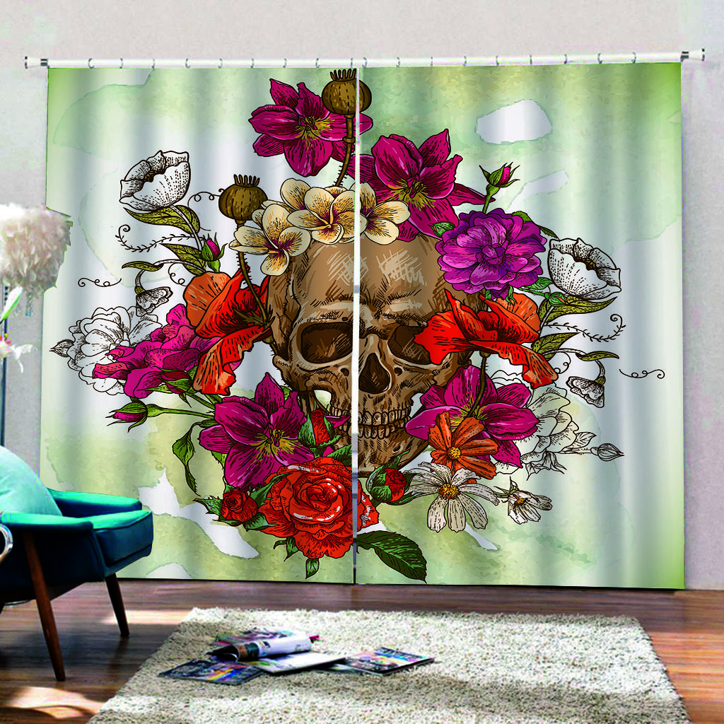Personality 3D Print Black Mystery Skull Rose Curtains 2 Panel Living Room Bedroom Balcony Study Decorative Curtains
