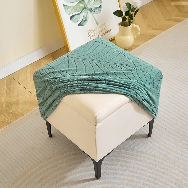 Leaves Jacquard Ottoman Cover Square Ottoman Slipcovers Stretch Footstool Covers for Living Room All-inclusive Footrest Cover