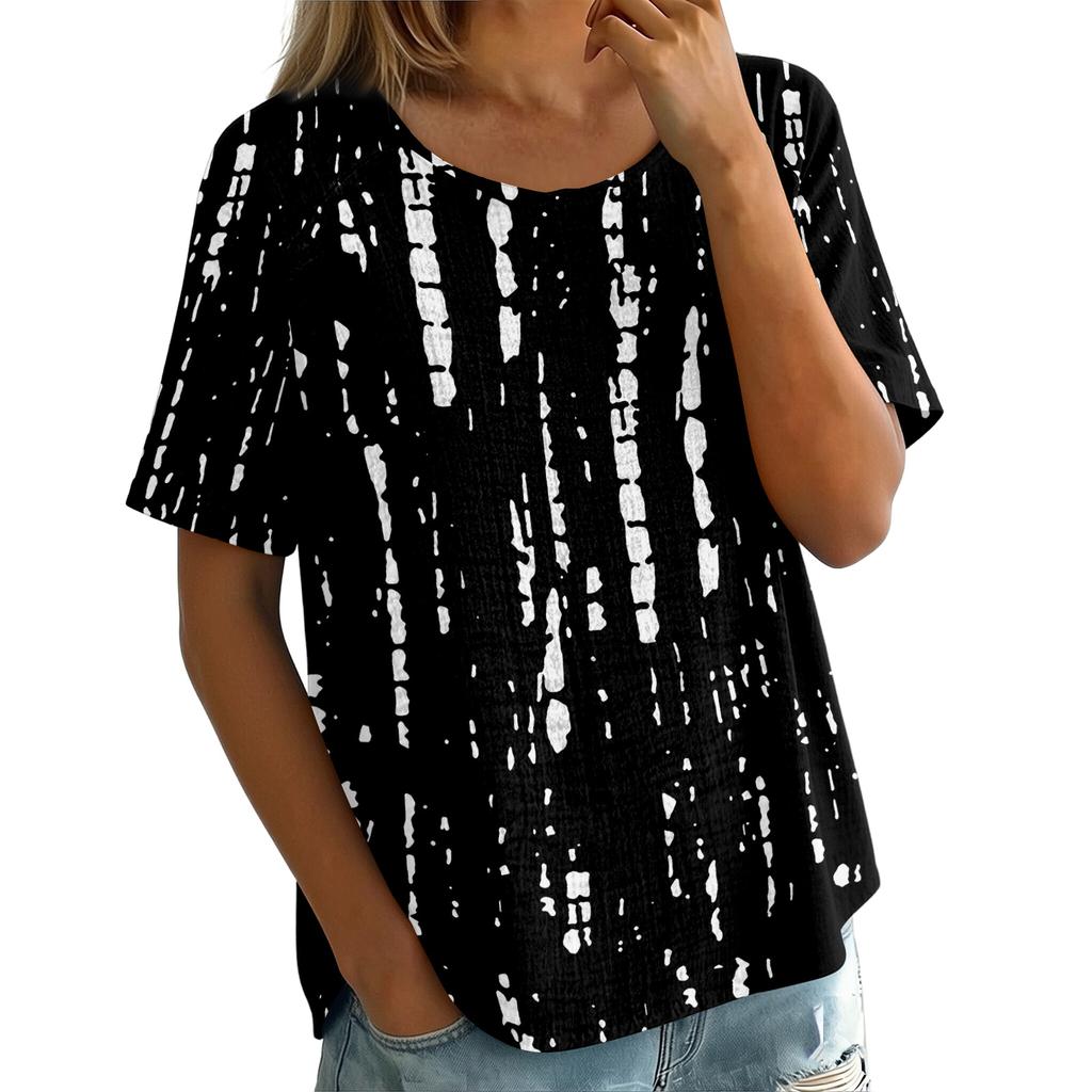 Women's Vintage Print Short Sleeve Top - Round Neck, Cotton Linen Fabric