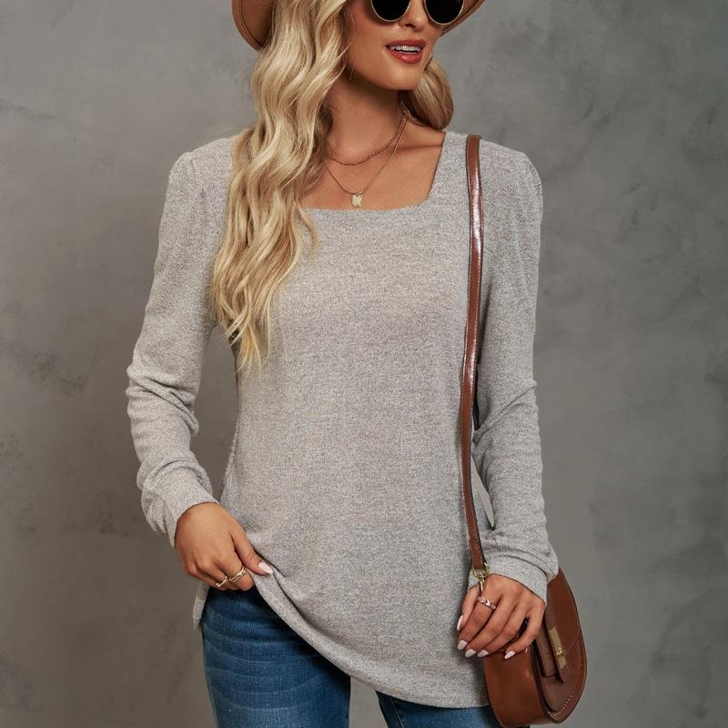 Autumn and Winter Popular T-shirt Solid Color U-neck Wrinkled Long-sleeved Casual Puff Sleeve Bottoming Shirt