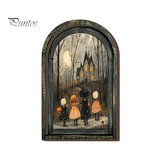 Halloween Desktop Ornament Arched Wooden Wall Decor, Ghost Cat Hanging Ornament, Distressed Gothic Solid Wood Frame Tabletop Decor Plaque, Spooky Home