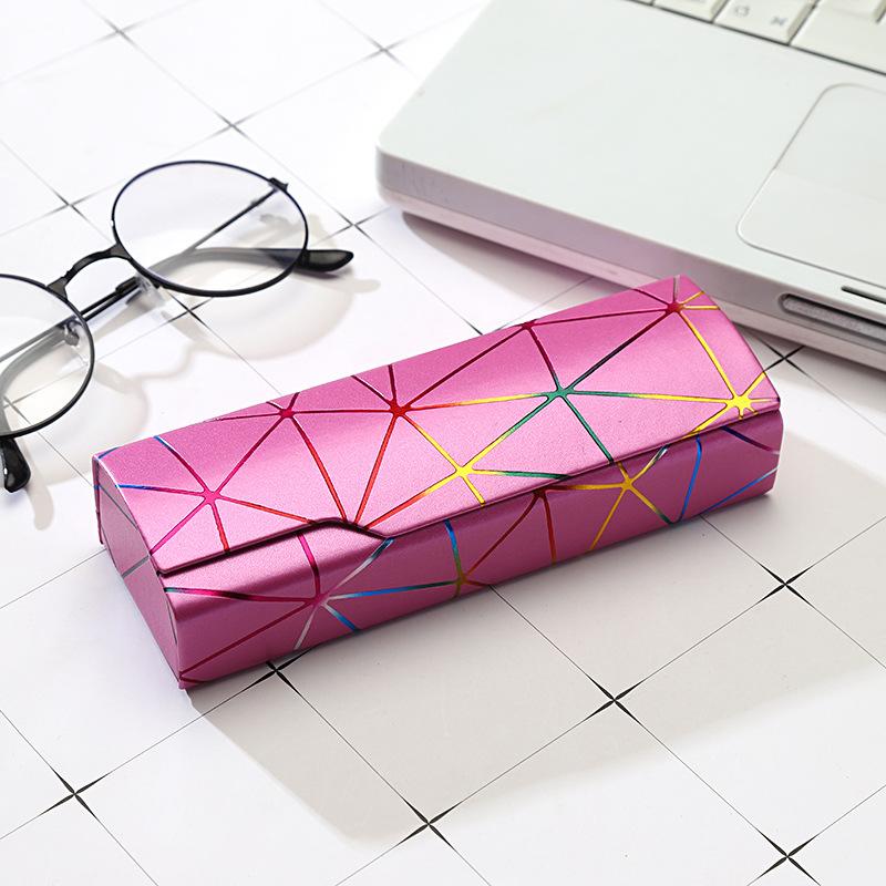 Hard Eyeglasses Case Fashion Geometric Line Decor Waterproof PU Leather Shockproof Spectacle Box for Students Teens