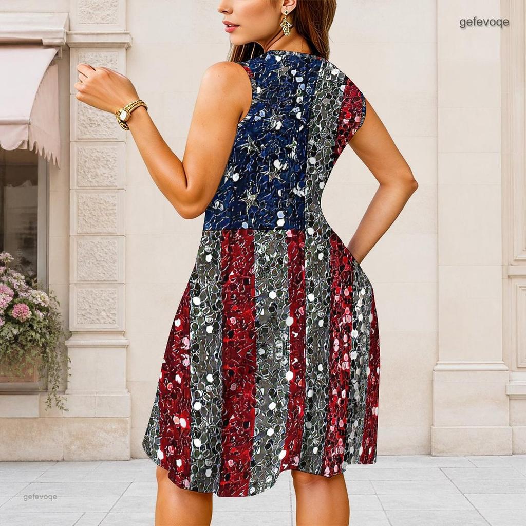 Damen Übergröße Rundhals Ärmellos Schwarz Weiß Geometrisch Bedruckt Raffung an der Taille A-Linie Midi-Kleid