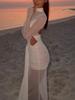 European-American Style Sexy See-Through Long Dress - Slim Fit, Round Neck, Open Back, Long Sleeve, Slit, Spring/Summer New Arrival