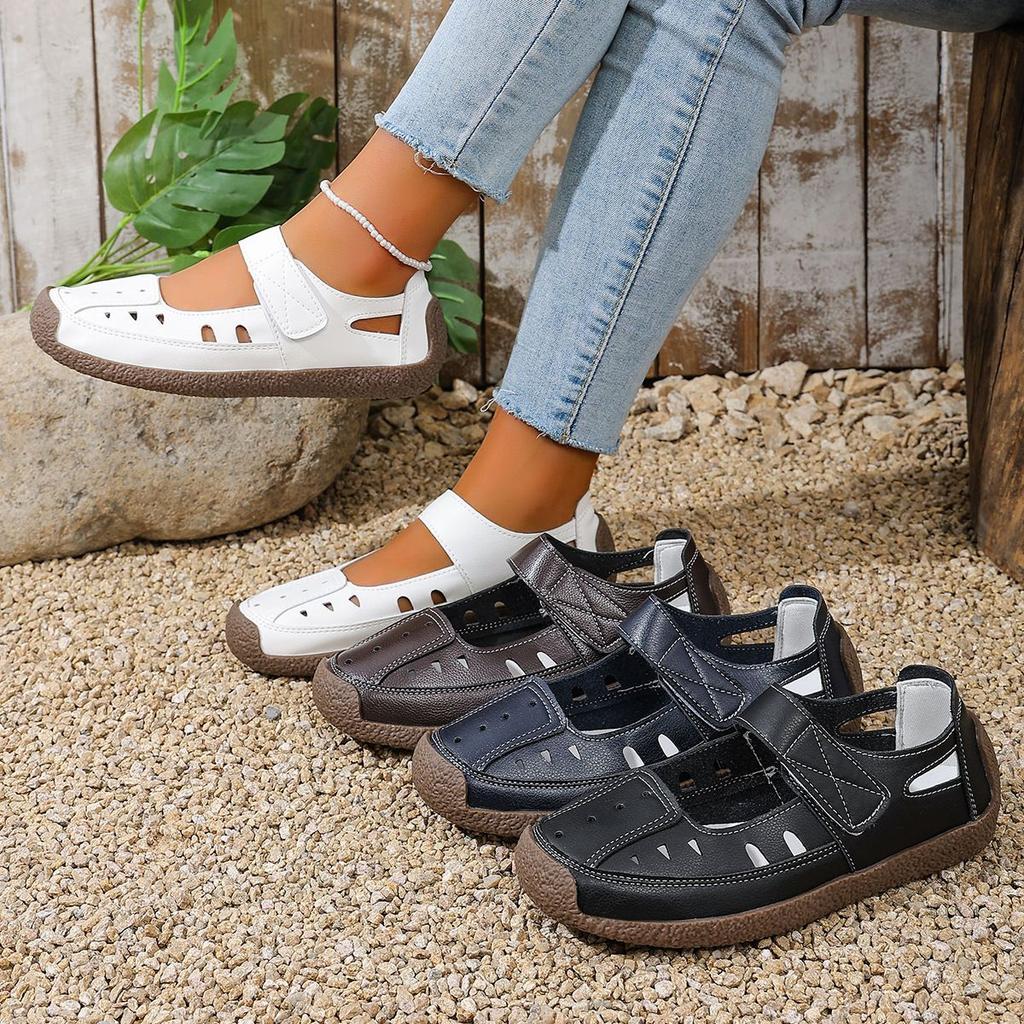 Summer Handmade Vintage Hollow-out Sandals for Women, Soft-soled Mother's Shoes, Velcro Casual Women's Shoes